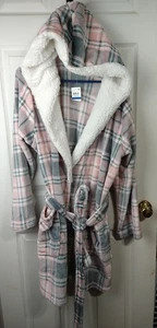 Jenni Woman XL/XXL Intimate Short Robe Hooded Pocket Belted Pink Plaid Faux Fur - Picture 1 of 11