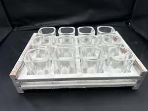 Shot Glass Tray, Serving Caddy Set w/ 12 Shot Glasses, Distressed Wooden Tray  - Picture 1 of 6