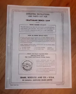 SEARS CRAFTSMAN 8 INCH BENCH SAW OWNERS MANUAL 103.22171 22171 TABLE - Picture 1 of 1