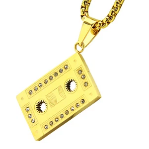 Gold Plated Stainless Steel Cassette Tape Pendant Chain Necklace SCP 123 G - Picture 1 of 5