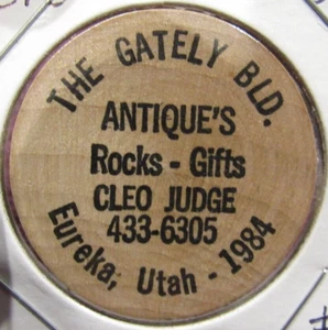 1984 The Gately Building Antiques Eureka, Utah Wooden Nickel Token - #1 UT - Picture 1 of 2