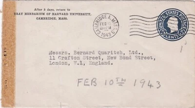 1943 USA WWII censored cover sent from Cambridge Mass to London England - Image 1 of 2