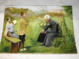 ANTIQUE BOY GIRL SCHOOL CHILDREN FOLK ART OIL PAINTING ON BOARD TEACHER BENCH US - Picture 1 of 7