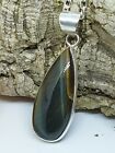 Rare Black Tigers Eye Reflective Pendant Necklace Silver Plated 18" Chain T-20