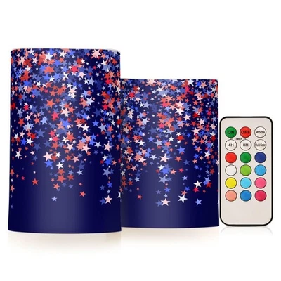 2 Pack 4th of July Red Blue Stars Flameless Candles Remote Timer Patriotic Decor - Image 1 of 4