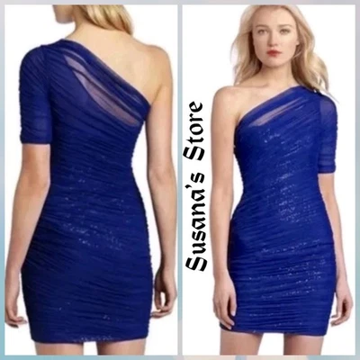 NWT BCBG MAXAZRIA SIZE 0 Bojana Sequin Ruched Overlay One Shoulder Bodycon Dress - Image 1 of 4