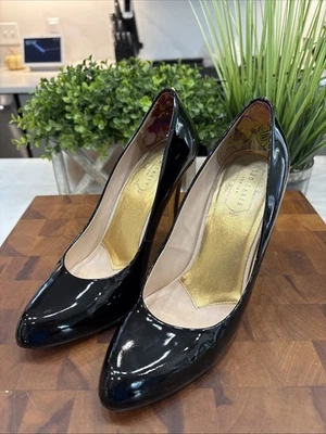 TED BAKER Black Patent Leather Stiletto High Heel Pumps Gold Logo Hardware - Image 1 of 4