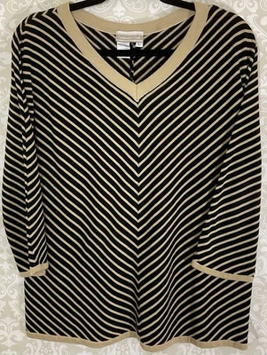 COLDWATER CREEK 女式上衣大号棕色针织对角线条纹 V 领瘦身 — 第 1/4 张图片