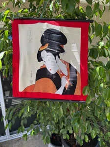 Ukiyo-E Women Fabric Wall Hanging 18X16 Red - Picture 1 of 4