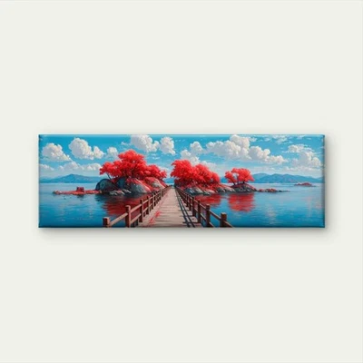 Panoramic Old Bridge & Red Maple Forest Canvas Print Wall Art Home Decor - Image 1 of 4