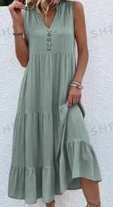 Women's Notched V-Neck Ruffle Hem Dress - 100% Viscose, Elegant & Flowy, S-3XL - Picture 1 of 5