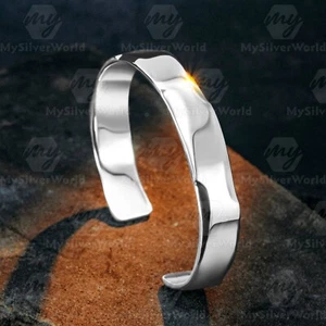 Men's Solid 925 Sterling Silver Cuff Bracelet – Plain & Polished Finish - Picture 1 of 3
