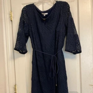 Sandra Darren - Long Sleeve Dark Blue Knee Length Dress w/Belt - Size 18W - Picture 1 of 1