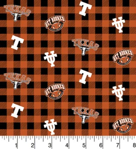 Texas Longhorns Cotton Fabric with Buffalo Plaid Print-Sold by the Yard-Sykel - Picture 1 of 1