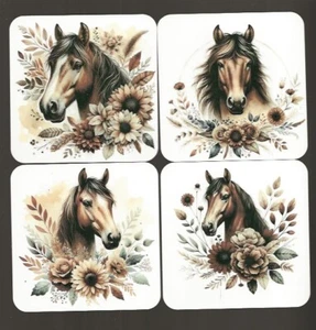 BROWN BOHO HORSE DRINK COASTER WITH CORK BACK SET OF 4 - Picture 1 of 2