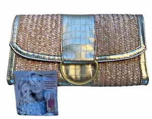 Straw Purse Handbag Clutch Gold-Trimmed New with Tag Vegan Leather - Picture 1 of 12
