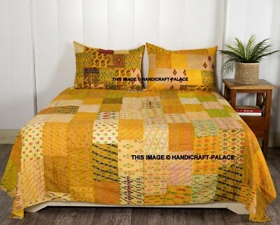 Indian Handmade Kantha Quilt Patola Silk Patchwork King Size Bedspread Vintage - Image 1 of 4