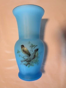 Vintage Norleans Frosted Blue Satin Glass Vase Birds & Flowers Italy 10" t 1950s - Picture 1 of 16