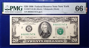 1990 $20 Federal Reserve Note Fr-2077-B New York PMG66 Gem EPQ - Picture 1 of 2