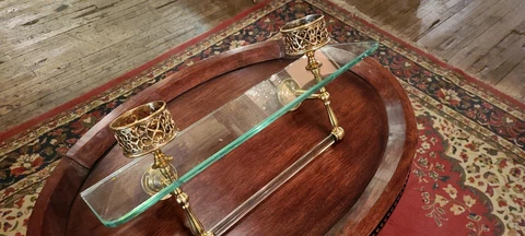 Antique Victorian Glass Shelf with Towel Bar & 2 Brass Filigree Cup Holders Cover