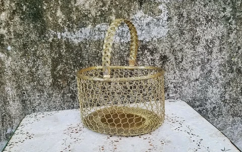 Vintage Extra Large Fish Net Woven Brass Basket Cover