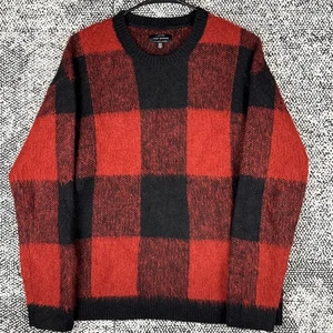 Lucky Brand Wool Blend Sweater Mens Medium Red Buffalo Checkered Soft Fuzzy - Picture 1 of 8