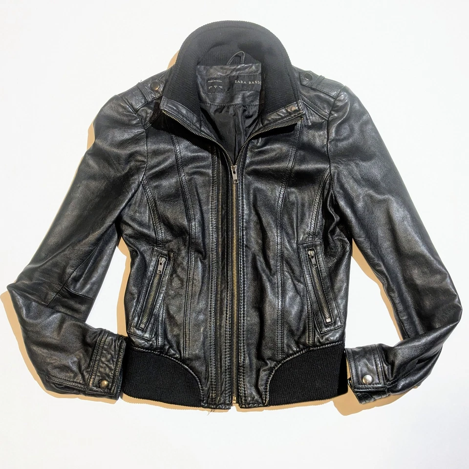 Chaqueta de moto bombardero de cuero genuino negro de cordero ZARA para mujer S se adapta a XS Foto 1 de 4