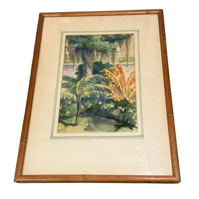 Pintura acuarela vintage Herlihy Orlando Florida palmeras firmada enmarcada años 40 Foto 1 de 4