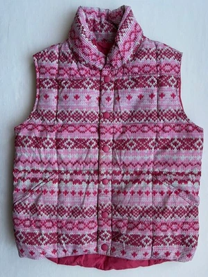 Chaleco acolchado de plumón LANDS’END para niñas talla S (7-8) bolsillos a presión rosa estampado geométrico Foto 1 de 4