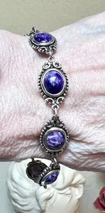 LOVELY Designer Signed Ornate Sterling Silver & Purple Charoite Bracelet - Picture 1 of 13