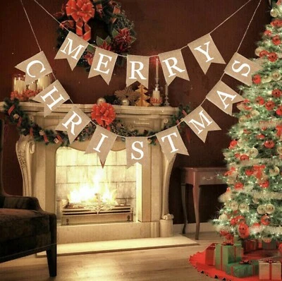 Merry Christmas Bunting Hessian Garland Hanging Home Decoration 6 DESIGNS.