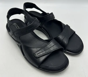 Ecco Sandals Womans 40 Black Leather 9-9.5 Slingback Shoe Wave Hook Loop - Picture 1 of 10