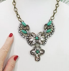 Vintage Teal Cabochon & White Geometric Crystal Brass Tone Bib Choker Necklace - Picture 1 of 6