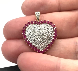 9ct gold ruby and diamond heart pendant, 20mm width, natural stones, no chain. - Picture 1 of 9