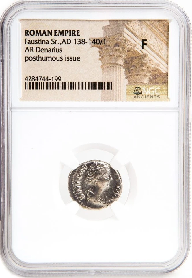 NGC (F) Romano AR Denario Faustina I AD 138 - 140/1 NGC Certificado Fino Antiguo Foto 1 de 2
