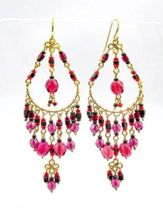 ARTISANAL Red Fuchsia Pink Smoky Hematite Crystals Gold Chandelier Earrings - Picture 1 of 5