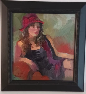 Vtg Oil Painting Woman Impressionism signed 20th C. Exhib. "Lady in Waiting" - Picture 1 of 6