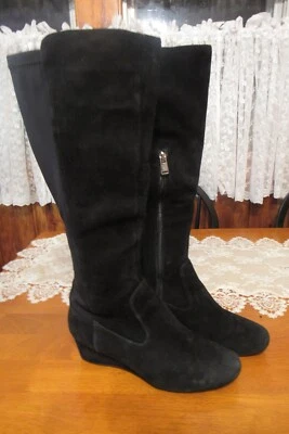 Black Suede Stretch Tall Boots  Knee High Rockport Total Motion Low Wedge Size 9 - Image 1 of 4