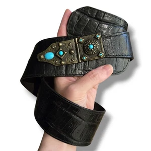 VTG Wide Embossed Black Belt brass turquoise Buckle Leather Sz 30-34" 60s 70s - Picture 1 of 15
