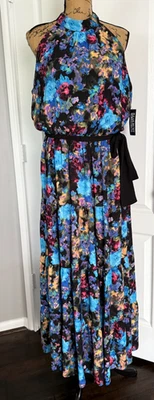 NY&C Dress Sleeveless Maxi Halter Belted Tiered Lined Blue Floral Large - Image 1 of 4