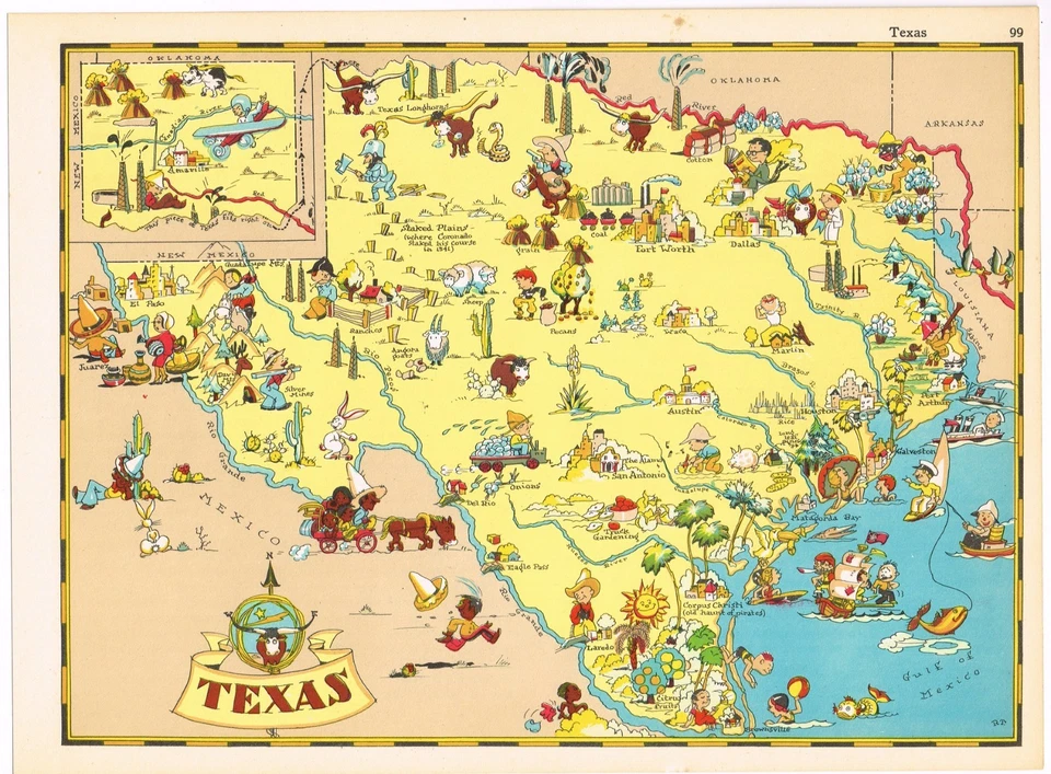 MAPA PICTÓRICO ORIGINAL GEOGRAFÍA GAY RUTH TAYLOR VINTAGE TEXAS AUSTIN 1935 Foto 1 de 1