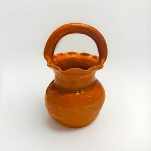 Vintage Handmade Orange Glazed Pottery Jug Pitcher with Handle 6.5” - Afbeelding 1 van 8