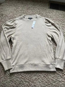 NWT J. Crew Women's Brushed Rib Puff-Sleeve Soft Crewneck Sweater Cream Size L - Picture 1 of 11