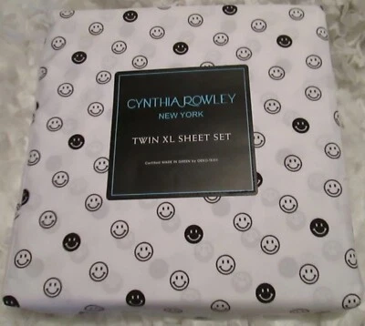 CYNTHIA ROWLEY NEW YORK 3pc TWIN XL  SHEET SET BLK/WTE SMILE FACE ALL OVER PRINT - Image 1 of 3