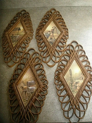 Vintage Burwood Pictures Set Of 4 Wall Art Diamond Frame Country Rustic Wicker Cover