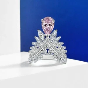 4Ct Pear Cut Simulated Pink Sapphire Crown Eternity Band 14K White Gold Plated - Picture 1 of 5