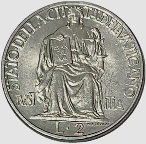 1942 Vatican City Italy 2 Lire Coin  1st Year Type Justice Anno IV Lot A4-93 - Picture 1 of 6