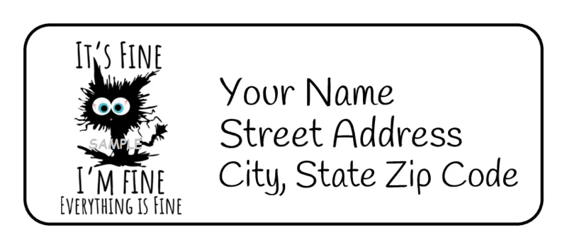 PARTYMOMMY 30 Personalized Return Address Labels, Tags , 2.625" x 1", Stickers, Funny Cat