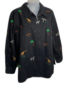 Chaqueta Quacker Factory Negra Bordada Talla Grande Animales Cebra Jirafa Cremallera - Imagen 1 de 15