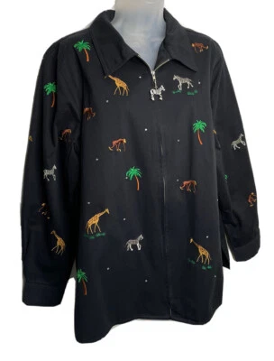 Quacker Factory Jacket Black Large Embroidered Jungle Animals Zip Up Rhinestones - Image 1 of 4